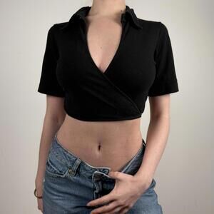 Motel Women's Black Crop Wrap Top